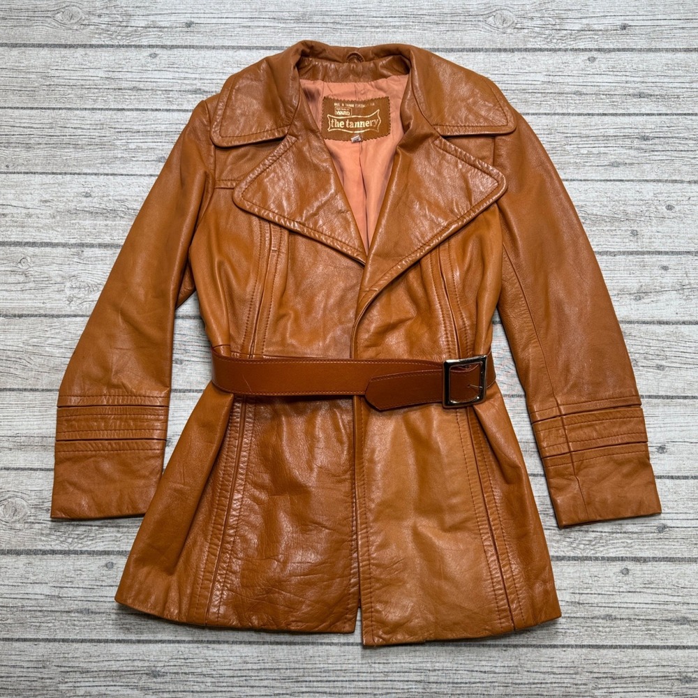 Vintage 70s Montgomery Ward Jacket Women's 13/14 Brown Genuine Leather Belted